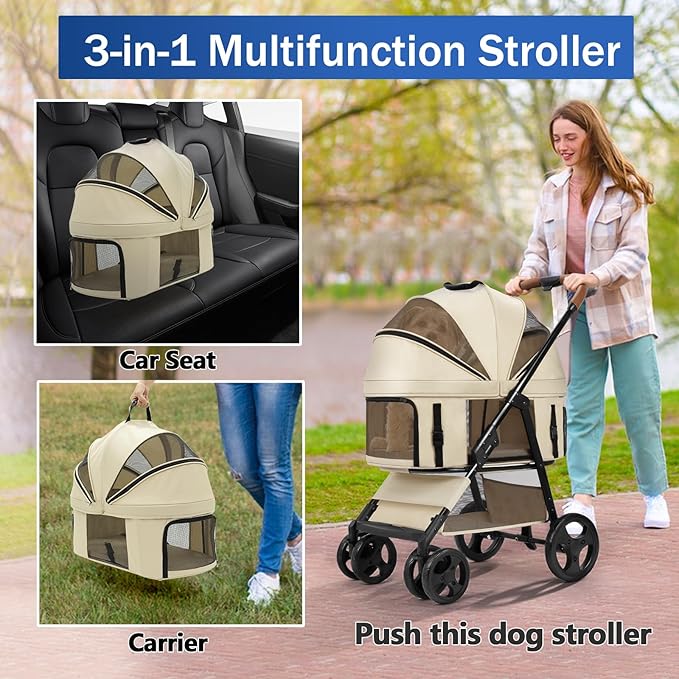 4 Wheels Pet Stroller for Small/Medium Dogs and Cats,Dog Stroller with Detachable Carrier and Storage Basket,One Click Folding, Compact Portable,Up to 50lbs,3 in1 Multifunctional(Grey)