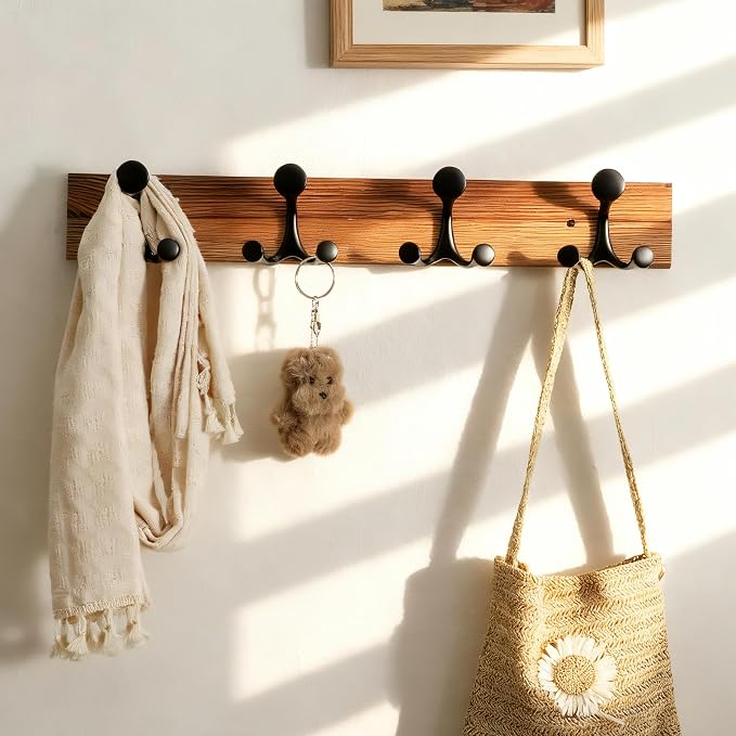 SKOLOO 24-Inch Wood Coat Rack Wall Mount with 4 Triple Hooks - Ideal for Family Entrances, Classrooms, and Pet Supplies Storage - Perfect Coat Hooks for Wall,Charred Golden Brown - Image 3