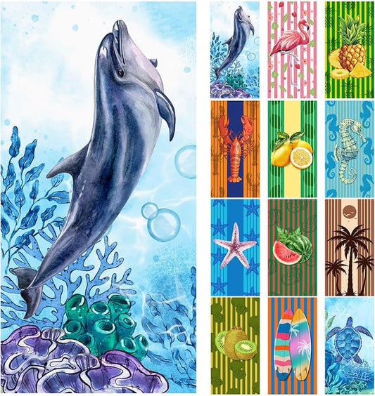 12 Pcs Oversized Microfiber Beach Towels Set 30 x 60 Extra Large Fiber Swim Pool Towel Absorbent Bath Blanket for Travel Vacation Accessories Gift Spa Soft Lightweight(Tropical) by Windkream