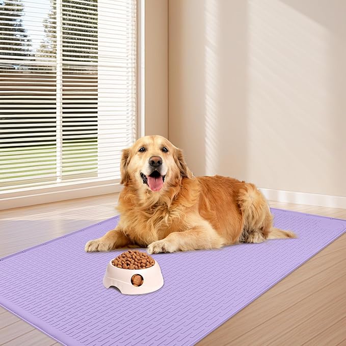 Dog Food Mat 34''x22'' Extra Large Dog Mat for Food and Water, Purple | Silicone Dog Bowl Mat with Raised Edge, Waterproof Non-Slip Pet Feeding Mat for Floors, fit for Dog Cat Bowls - Image 6