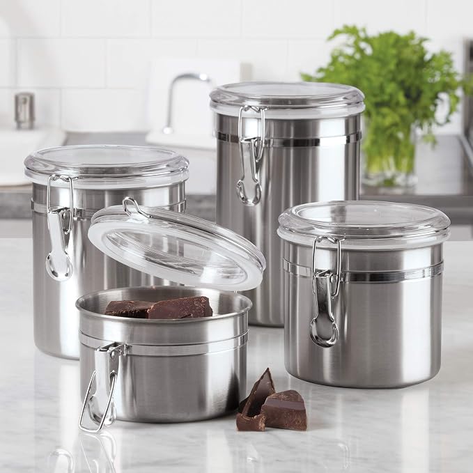 Oggi Set of 4 Stainless Steel Kitchen Canisters - Airtight Clamp Lid, Clear See-Thru Top - Ideal for Kitchen Storage, Food Storage, Pantry Storage - Includes 1 each: 26oz, 36oz, 47oz, 62oz. - Image 2
