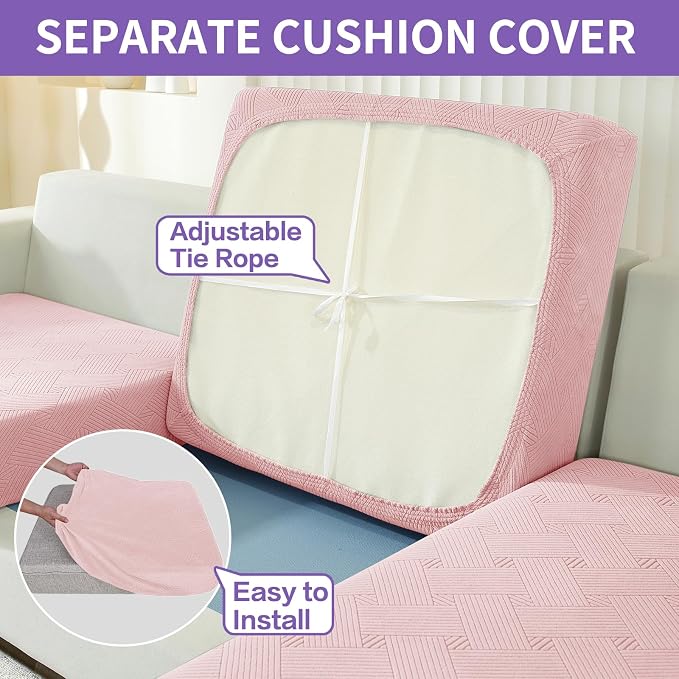 ZNSAYOTX 3 Piece Stretch Loveseat Covers (55"-69"), Thick Striped Sofa Covers for 2 Cushion Couch with Elastic Band Bottom Ties Non-Slip Stay in Place, Soft Durable Love Seat Slipcovers, Rose - Image 4