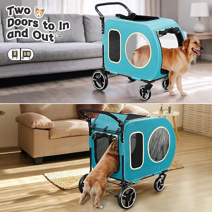 2025 Upgraded Dog Stroller for Large & Medium Dogs，Pet Stroller for 2 Small Dogs, Foldable Jogger Wagon with Detachable Carrier for Car Seat, Adjustable Handle, Up to 90 lbs, Blue