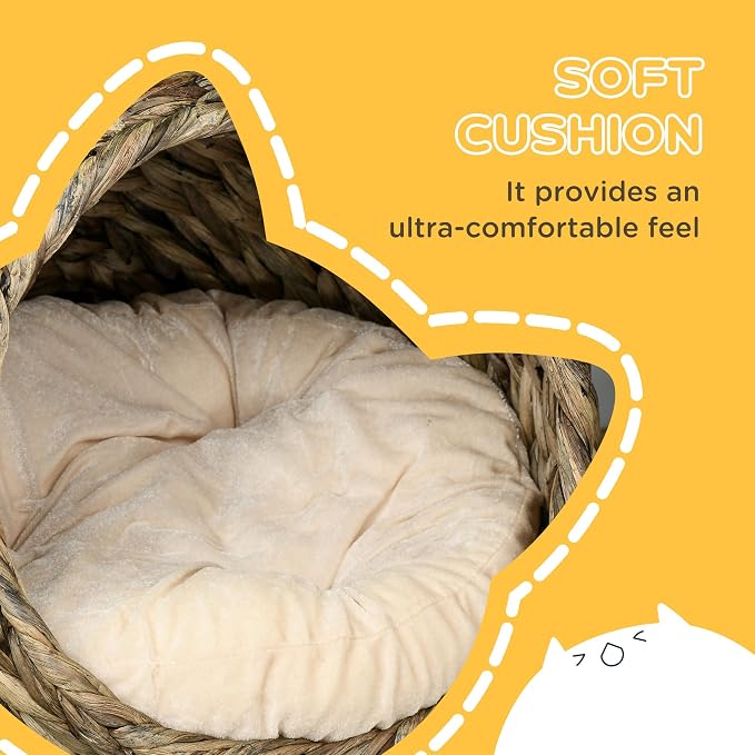 PawHut Handwoven Elevated Cat Bed with Soft Cushion & Egg Chair Shape, Basket Bed Kitty House with Stand, Raised Wicker House for Indoor Cats, 20" H, Gray | Soft Cushion & Egg Chair Shape, Basket Bed Kitty House with Stand, Raised Wicker House - Image 5