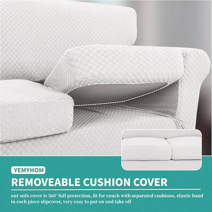 YEMYHOM Latest Checkered 3 Pieces Couch Covers for 2 Cushion Couch High Stretch Sofa Cover with 2 Extra Large Seat Cushion Covers Anti Slip Elastic Slipcovers (XL Loveseat, White), 71"-91"(2 CUSHIONS) - Image 4