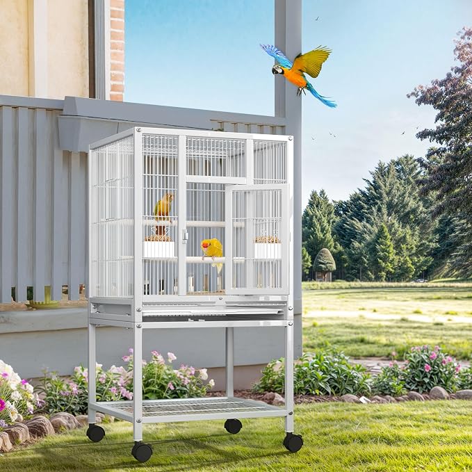 DWVO 41-inch Metal Bird Cage: Large Parrot Cages with Rolling Stand​ - Features Tray, Food Boxes & Wooden Perches for Parakeets, Lovebirds, Cockatiels, Finches and Pigeons, White - Image 3