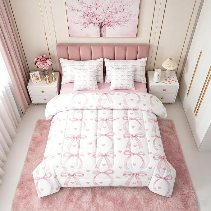Erosebridal Ribbon Bowknot 7 Piece Comforter Set King Bed in A Bag Girls Love Heart Pink Bows Bedding Set for Women Room Decor Coquette Bow Sheets Valentine Stripe Pink Bows Bowtie Bed Comforter Sets by Erosebridal