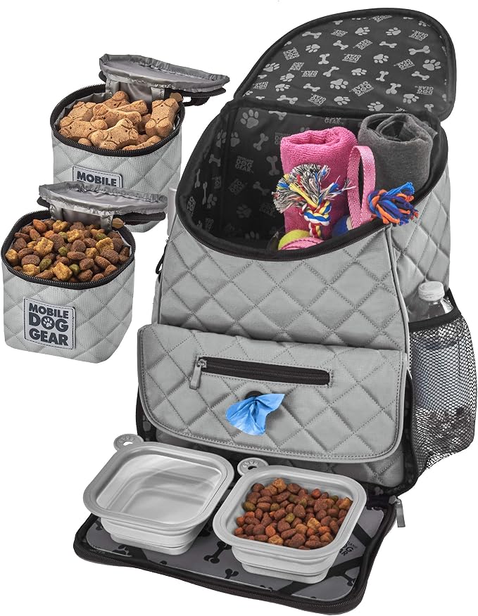 Mobile Dog Gear, Dog Travel Bag, Deluxe Quilted Weekender Backpack, Includes Lined Food Carriers and 2 Collapsible Dog Bowl, Gray by MobileDogGear