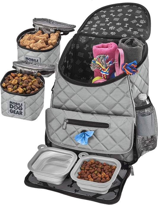 Mobile Dog Gear, Dog Travel Bag, Deluxe Quilted Weekender Backpack, Includes Lined Food Carriers and 2 Collapsible Dog Bowl, Gray by MobileDogGear