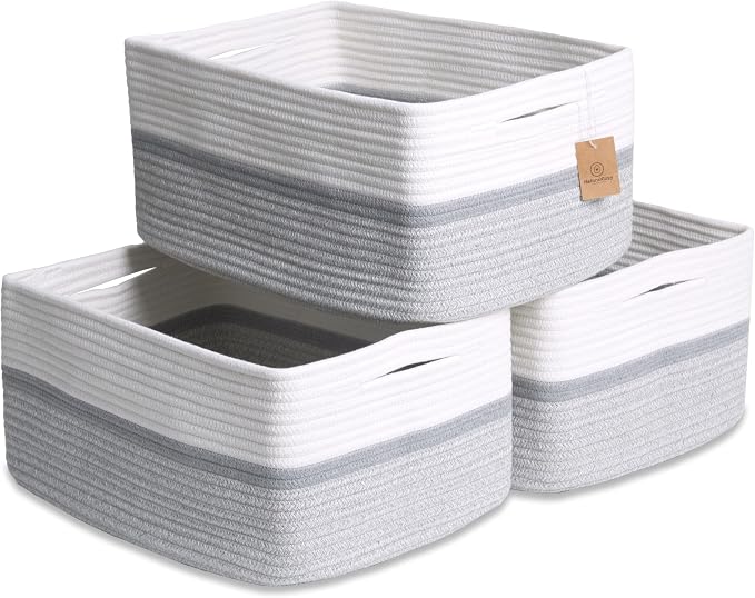 NaturalCozy Storage Baskets 16.8”x13”x7.6” Cotton Rope Woven Baskets for Organizing 3-Pack | Toy Storage Bins | Basket for Shelves, Laundry, Blanket, Clothes, Closet, Kitchen, Bathroom, Gifts by NaturalCozy