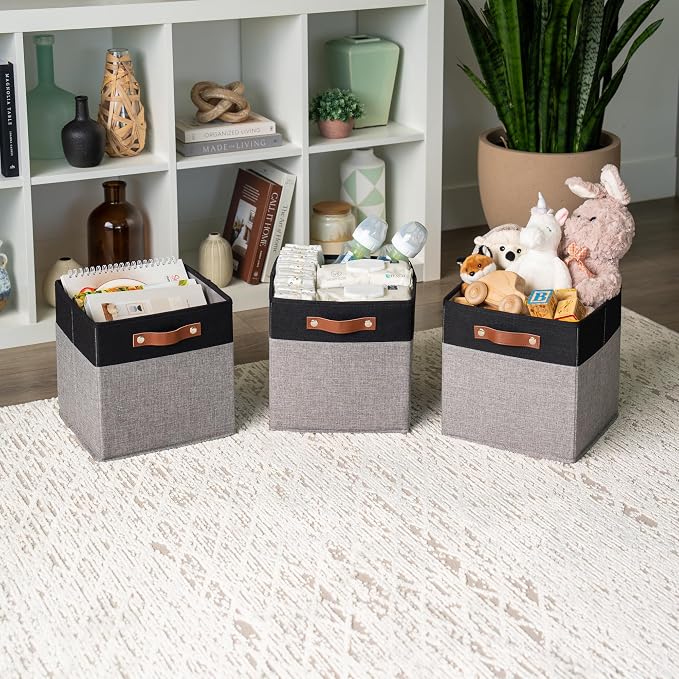 OrganiHaus 11x11 Cube Storage Bins, Set of 4 - Fabric Storage Cubes | Sturdy, holds its shape; odor-free; fits ClosetMaid 11-inch shelves; vegan leather handles - Image 4