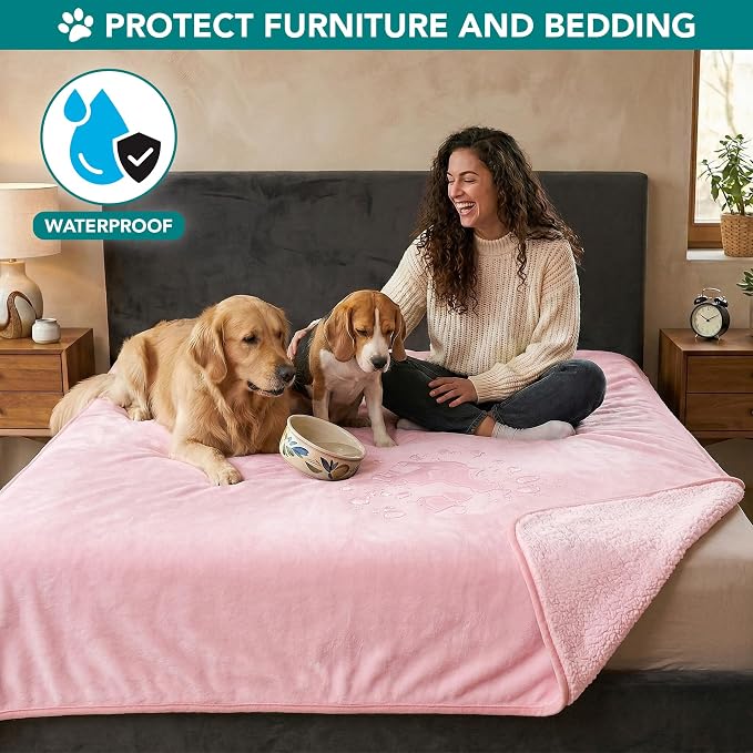 PetAmi Waterproof Dog Blanket for Extra Large Dogs, Pee Proof Pet Blanket for Bed Couch, Reversible Water Proof Blanket for Puppy Indoor Cat, Soft Dog Crate Cover Washable, Queen 90x90 Pink - Image 2