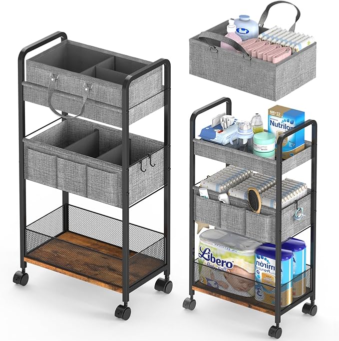 LIDTOP 2In1 Baby Diaper Caddy & 3-Tier Rolling Diaper Cart, Diaper Caddy Organizer Cart with Dividers, Mobile Metal Utility Cart for Nursery Essentials, Detachable Bedside Cart, Large Capacity by LIDTOP