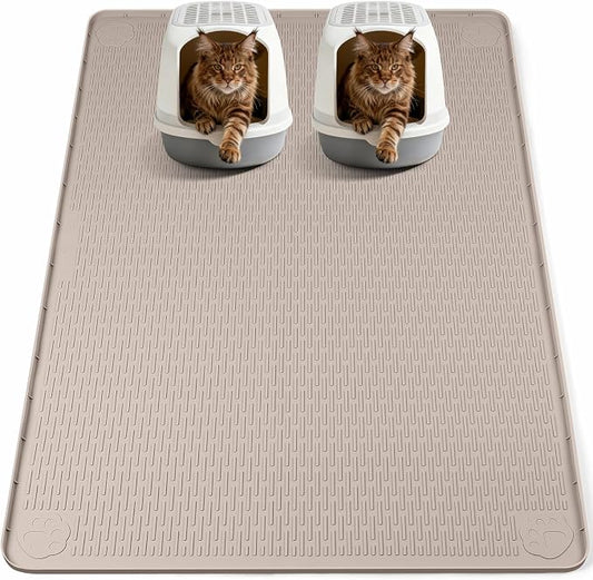 Silicone Cat Litter Mat for Litter Box 57”x40” Large Cat Mat, Khaki | Waterproof, Non-Slip, Leak-Proof Rug Mat with Lip, Easy to Clean, Extra Large Litter Catcher Mat for Floor by Bartuke