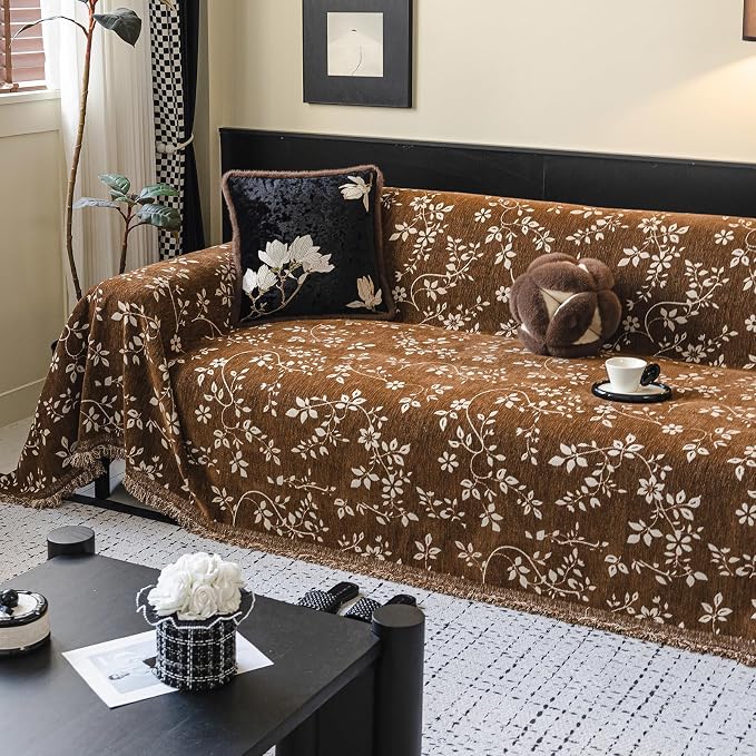 STACYPIK Soft Botanical Floral Vine Couch Cover, Brown Sofa Cover for Dogs | Thick Durable, Vintage Jacquard, Washable Reversible Sectional Protector for 3 Cushion Couch with Tassels, Multi-use-71X150IN - Image 3