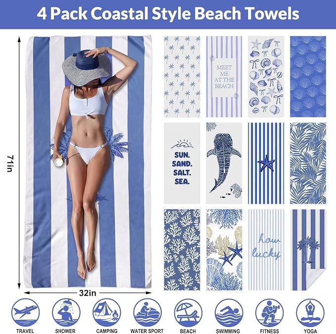 Frienda 12 Pack Coastal Ocean Seashell Beach Towels 71''x 32'' Large Microfiber Quick Dry Absorbent Bath Towels for Swimming Pool Beach Cruise Travel Gym Supplies - Image 2