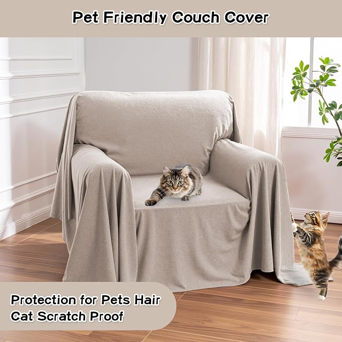 MEETSKY Small Couch Cover Oversized Armchair Sofa Covers Washable for Dogs Single Recliner Sofa Slipcover, Cat Scratch Proof Soft Sofa Throw Protector for Pets, 71" x 91", Oat - Image 2