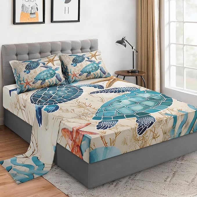 WeCozy Queen Size Bed Sheet Sets with Pillowcases, Ocean Coral Sea Turtle 4 Pcs Soft Microfiber Bedding for Kids and Adults, Blue Shell Animal Flat, Fitted Sheet for Bedroom Bed Decor by WeCozyHomeDecor