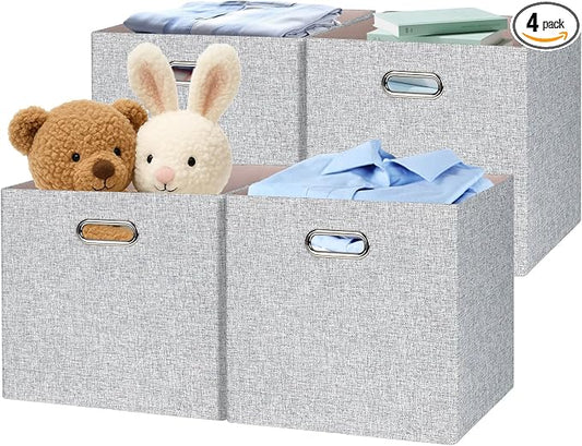 Posprica Collapsible Storage Bins,13×13 Foldable Storage Cube Boxes Fabric Drawer Fabric Storage Bins Vinyl Record Woven Gray, 4 Pack by Posprica