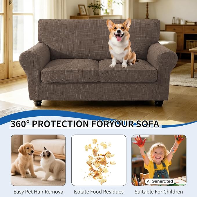 CYCMCAO 3 Piece Stretch Sofa Cover Couch Covers for 2 Cushion Couch, Loveseat Covers Stay in Place, Sofa Covers Washable with Elastic Bottom for Dogs (Light Brown), 71"-91" (2 Cushion Sofa) - Image 5