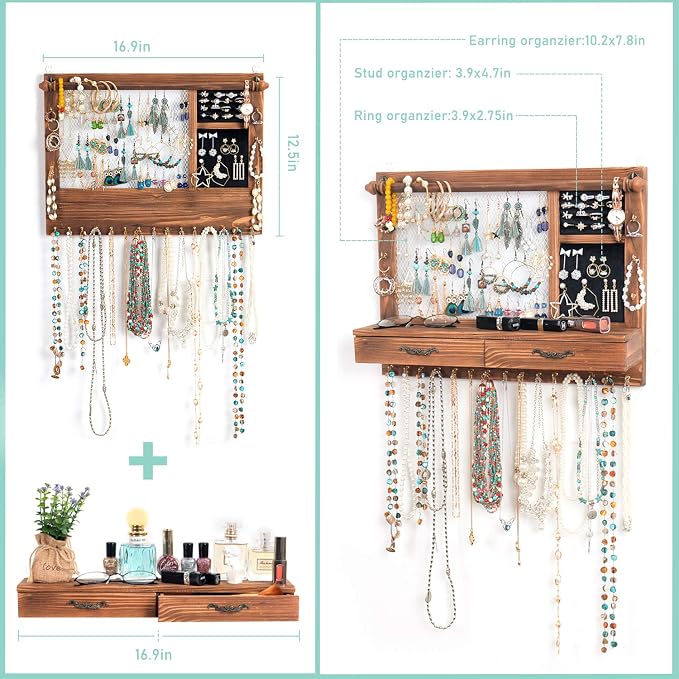 Jewelry Wall Organizer Wall Mounted | Jewelry Hanger Display Rack with Drawers for Earring/Stud/Ring/Necklace/Bracelets Accessories Bangles Holder Girls Gift - Image 6