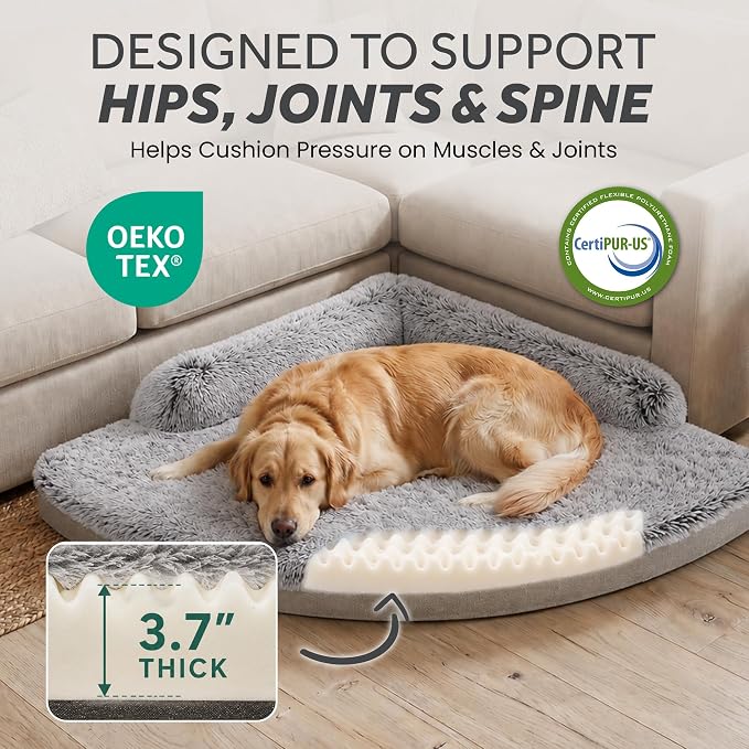 Corner Dog Bed Large, 36" Calming Fluffy Orthopedic Pet Beds, Beige | Space saving plush corner nest,egg-crate foam, washable cover, waterproof liner, non-slip bottom and bolsters for large dogs - Image 3