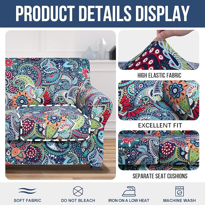 hyha Stretch Couch Covers, Sofa Cover for 3 Cushion Couch Pet Friendly | Floral Pattern, Printed, 4 Pieces, 3 Separate Cushion Sofa, Durable Anti-slip Washable Protector with Elastic Bottom for Dogs - Image 4