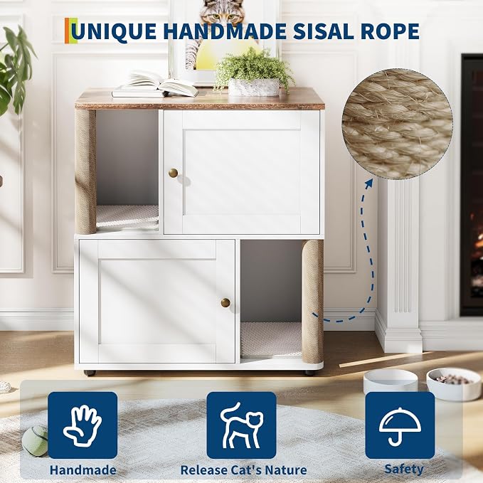 Garvee Cat Litter Box Enclosure Furniture for 2 Cats, Hidden Litter Box, Modern Double Layer Cats Washroom Furniture with 2 Scratch Mat and Cat Scratching Post, Side End Table for Living Room Hallway - Image 8
