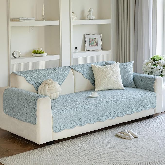 Cotton Quilted Pet Couch Covers for Sofa Farmhouse Rustic Floral Embroidery Sectional Couch Cover Soft Anti-Slip Sofa Slipcover Furniture Protector for Kids, Dogs, Pets (Blue,43"x94") - Image 3