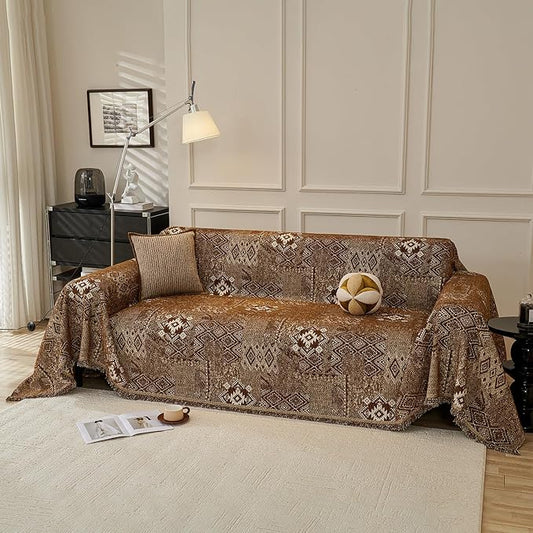 DREAMINGO Chocolate Brown Couch Protector Boho Sofa Covers for 3 Cushion Couch Geometric Jacquard Soft Chenille Furniture Cover for Dogs Washable Vintage Sofa Slipcovers for Sectional, 71"x150" by DREAMINGO