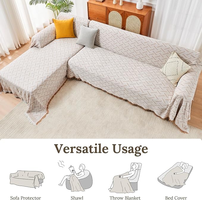 HOMERILLA 2 Piece Sectional Couch Cover for L Shape Sofa Khaki White XXXL | Washable Fabric, Anti-Pet Hair, Stain & Wear Resistant, Multiuse Sofa Blanket Protector, Pet Friendly Easy Installation - Image 5