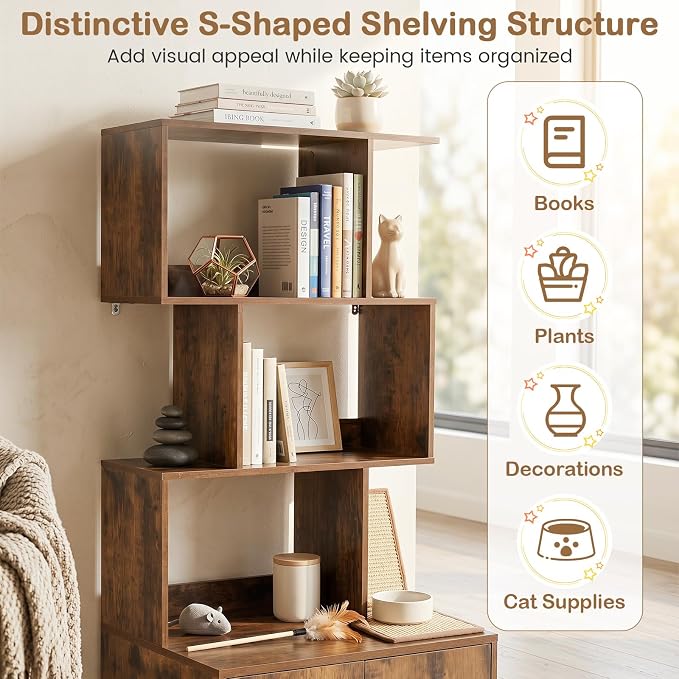 PETSITE Cat Litter Box Furniture with 3 Shelves and Doors, 56 inch Tall Cat Box Enclosure with Display Shelves and Side Entry, Indoor Hidden Litter Box with Decorative Storage Shelving (Rustic Brown) - Image 4