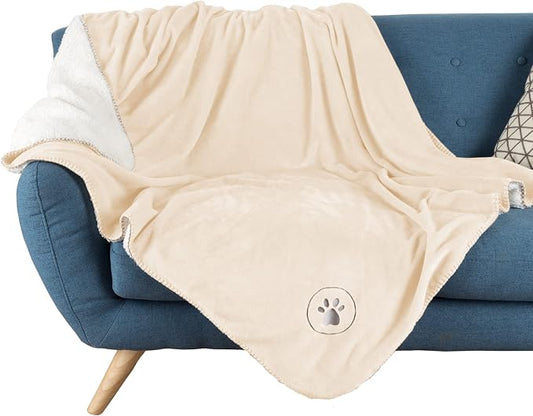 Waterproof Pet Blanket - 50x60-Inch Reversible Sherpa Fleece Throw Protects Couches, Cars, and Beds from Spills, Stains, and Fur by PETMAKER (Cream) by PETMAKER
