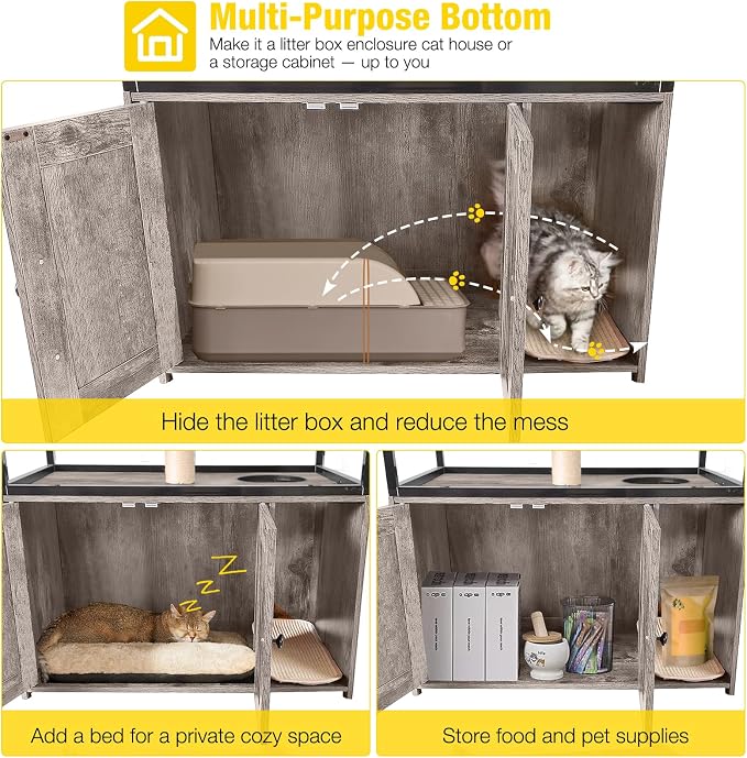 Aivituvin Cat Litter Box Enclosure, Litter Box Furniture Hidden, Wooden Cat Washroom Furniture, Indoor Cats House with Condo, Hammock, Scratching Mat and Storage Shelves-Greige - Image 5