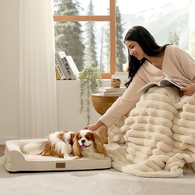 COZY KISS Orthopedic Dog Bed for Medium Small Size Dog, Dogs Crate Bed, L Shaped Foam Anti-Slip Bottom Pet Cat Sofa with Washable Removable Cover, Suitable for Pet Up to 40 lbs, 30x20x6.5 inch, Beige - Image 8