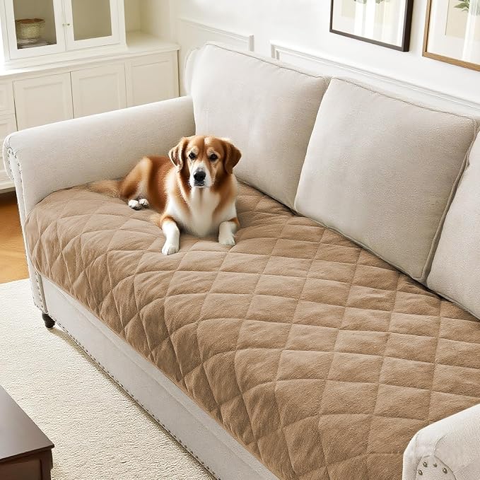 Couch Covers for Dogs Chenille Sofa Covers for 3 Cushion Washable Quilted Checkered Fuzzy Pet Couch Cover Soft Couch Protector Non-Slip Sofa Pads for Puppy Cat Kids(34.5" x 70", Khaki) by PrinceDeco