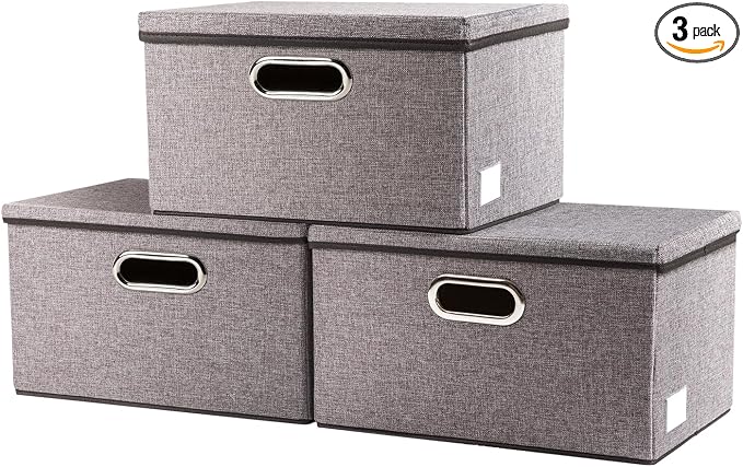 PRANDOM Storage Bins with Lids [3-Pack] Linen Fabric Foldable Storage Boxes Organizer Containers Baskets Cube with Cover for Home Bedroom Closet Office Nursery Grey（11.4X8.6X6.7 by Prandom