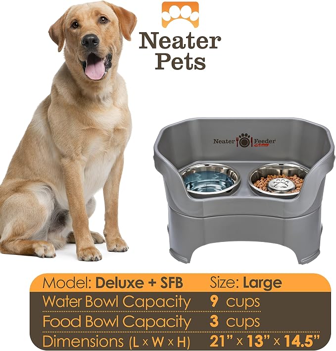Neater Feeder Deluxe Mess Proof Dog Bowls Elevated for Large Breeds – Made in USA – No Spill Raised Slow Feeder Elevated Dog Bowl Stand, Stainless Steel Food and Water Bowl Set, Grey - Image 4
