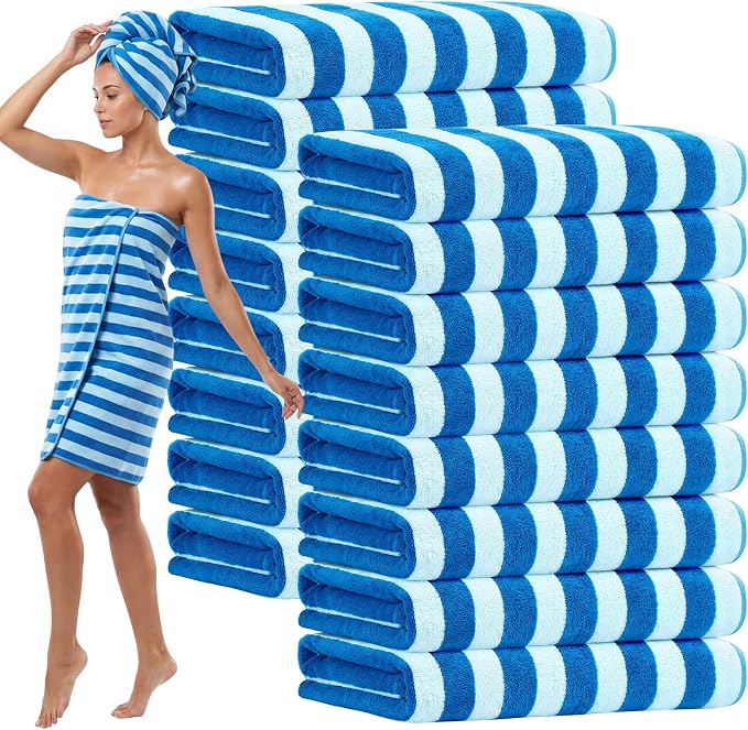 SmoothNovelty 16 Pack Microfiber Bath Towels Bulk 27'' x 60'' Oversized Size Bath Towel Highly Absorbent Extra Large Soft Drying for Beach Shower Summer Salon Sport Gym Party (Blue,Wide Stripes) by SmoothNovelty