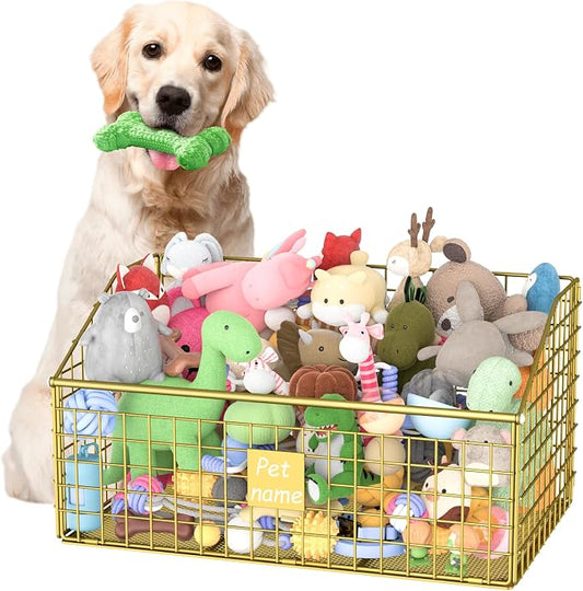 Kaiferty Indestructible Dog Toy basket, Large Toy Bin for Dogs,Pet Toy Bin Dog Metal Basket Organizer Storage for Toys Food Storage (Gold) by Kaiferty