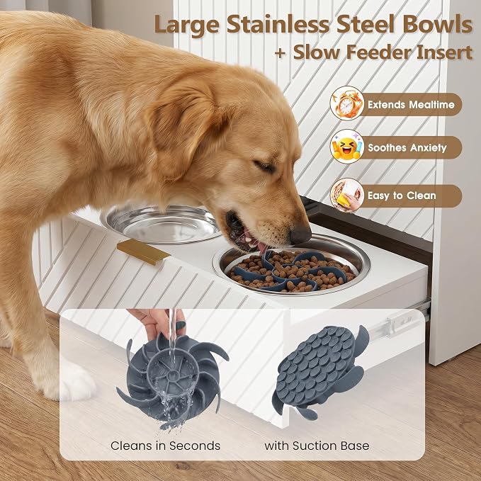 Dog Feeding Station Cabinet, Elevated Bowls with Slow Feeder Insert, White | Slow Feeder Insert, Large food bin, Removable Divider, 3 Side Hooks, Pull-Out Drawer, Easy to Clean for Small & Middle Dogs - Image 6