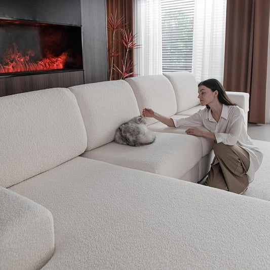 OHSIO Couch Cushion Covers for Sectional Sofa, Stretch Soft Sofa Slipcovers Washable Wear-Resistant Universal Furniture Protector for Living Room(1 Piece Chaise Cover, Ivory) by OHSIO