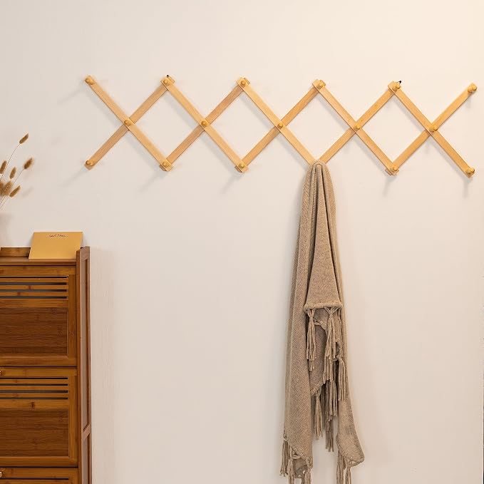 SKOLOO Hat Rack for Wall with 17 Hooks, Solid Wooden, Modern, Expandable Coat Rack Wall Mount for Coats, Hats, Bags, Baseball Caps, Natural Color - Image 2