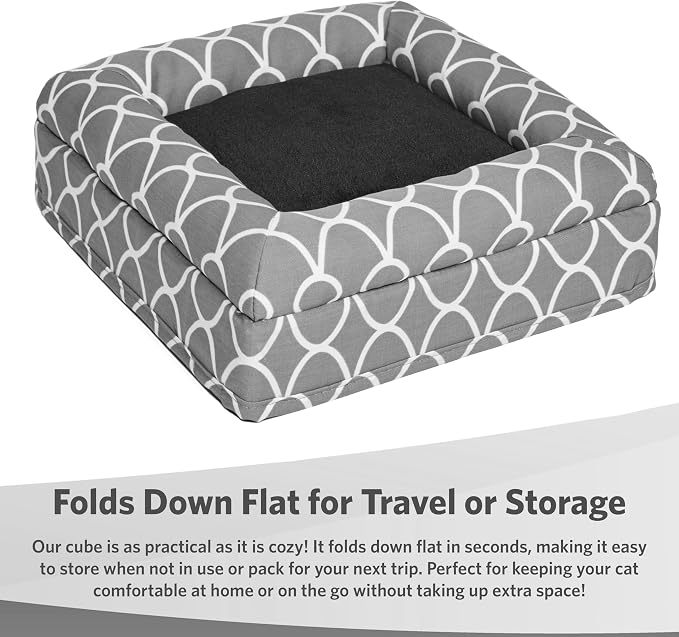 MidWest Homes for Pets Feline Nuvo Curious Cat Cube, Foldable Cat Hideout with Toy, Bolstered Bed Top, Gray Geo Print, Faux Fur - Image 5