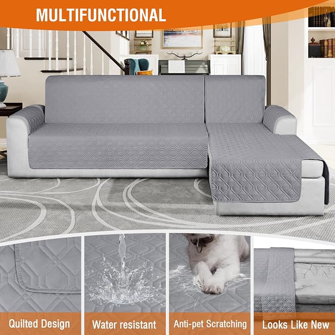 VANSOFY Sectional Couch Covers 100% Waterproof L Shaped Sofa Slipcover 3pcs Reversible Chaise Lounge Cover for Sectional Sofa Furniture Protector Cover for Pets Cat Dog(Large, Light Gray) - Image 6