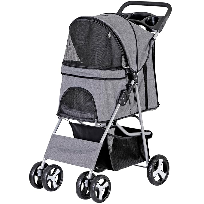 Pet Stroller 4 Wheels Dog Cat Stroller for Small Medium Dog Cats Carrier Jogger Travel Foldable Puppy with Storage Basket and Cup Holder (Grey)