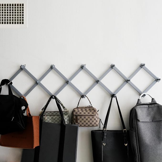 SKOLOO Accordion Wall Hanger with 16 Hooks, Modern Expandable Coat Rack Hat Rack for Wall, Solid Wooden, Dusty Gray Oak - Image 2