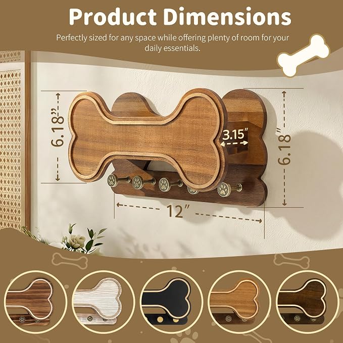 MTERSN Decorative Dog Leash Holder for Wall - Bone Key Holder Wall Mount with 5 3D Puppy Paw Hooks & Hanging Shelf for Dog Lover - Cute Stuff for Puppy Essentials (Acacia) - Image 2