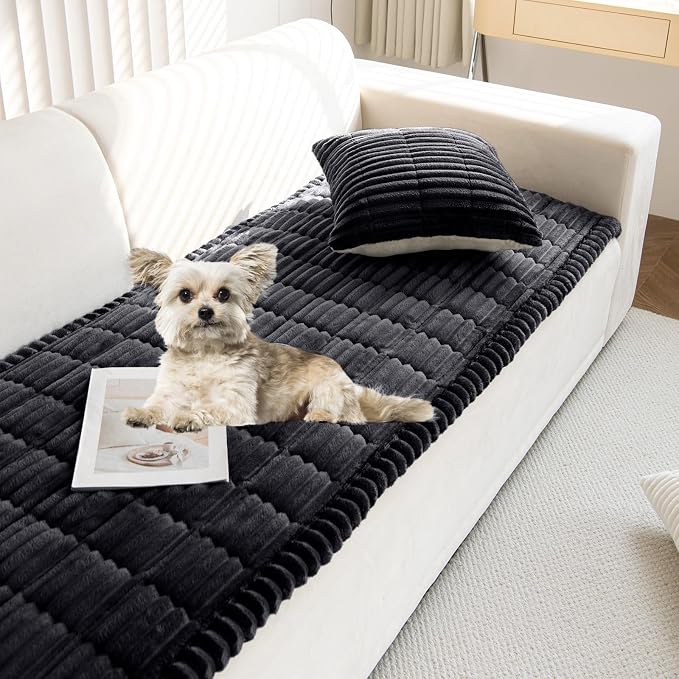 Faux Fur Plush Dog Couch Cover 3D Stripe Fuzzy Sofa Cover Non-Slip Fluffy Dog Bed Cover Pet Blanket Sofa Couch Furniture Protector for Puppy Large Dog Cat (Black,31"x63") by WelcometoXSlive