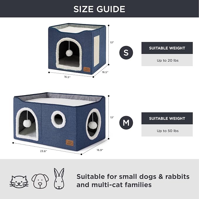 Bedsure Extra Wide Cat House Bed with Fluffy Ball and Scratch Pad,Blue | 23.6x16.9x13 in,Indoor Cat Cave for Multiple Pets, Foldable Cat Hideway Cube for Sleeping Large Cat and Kitten - Image 6